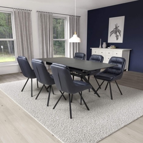 Timor - Rectangular - Extending - 140cm-180cm - Black Ceramic Top - Sinister Stone - Dining Table & 6 Arnhem - Midnight Blue - Swivel Leather Effect - Upholstered - Dining Chair