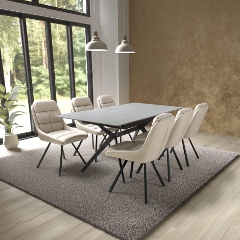 Timor - Rectangular - Extending - 140cm-180cm - Grey Ceramic Top - Sinister Stone - Dining Table & 6 Arnhem - Cream - Swivel Leather Effect - Upholstered - Dining Chair