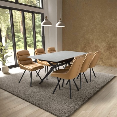 Timor - Rectangular - Extending - 140cm-180cm - Grey Ceramic Top - Sinister Stone - Dining Table & 6 Arnhem - Tan - Swivel Leather Effect - Upholstered - Dining Chair