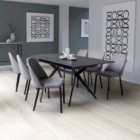Timor - Black - Extending Dining Table & 6 Linden - Linen Effect Velvet Fabric Dining Chair