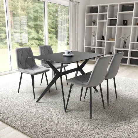 Timor - Rectangular - 120cm/1.2m - Black Ceramic Top - Sinister Stone - Dining Table & 4 Vernon - Diamond Stitching- Grey Brushed Velvet Fabric - Upholstered - Dining Chair
