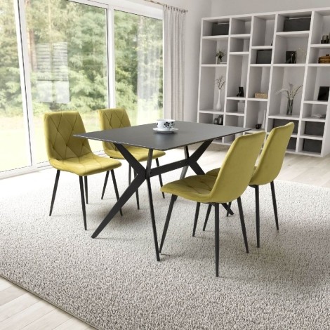 Timor - Rectangular - 120cm/1.2m - Black Ceramic Top - Sinister Stone - Dining Table & 4 Vernon - Diamond Stitching- Yellow Brushed Velvet Fabric - Upholstered - Dining Chair