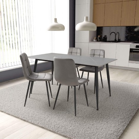 Monaco - Rectangle - 160cm/1.6m - Ceramic - Grey Granite Finish - Dining Table & 4 Madison - Upholstered - Grey Velvet Fabric - Dining Chair