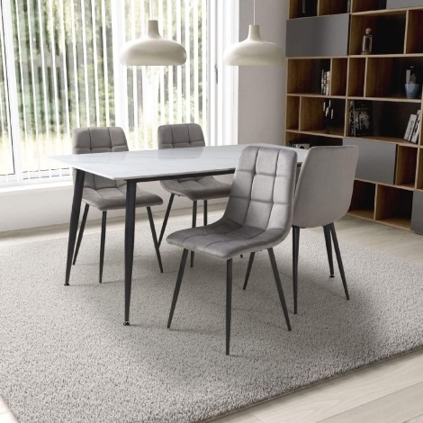 Monaco - Rectangle - 160cm/1.6m - Ceramic White - Marble Effect Finish - Dining Table & 4 Madison - Upholstered - Grey Velvet Fabric - Dining Chair