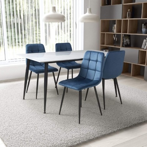 Monaco - Rectangle - 160cm/1.6m - Ceramic White - Marble Effect Finish - Dining Table & 4 Madison - Upholstered - Blue Velvet Fabric - Dining Chair