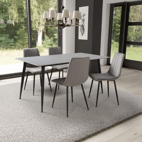 Monaco - Rectangle - 160cm/1.6m - Ceramic - Grey Granite Finish - Dining Table & 4 Lisbon - Upholstered - Grey Velvet Fabric - Dining Chair