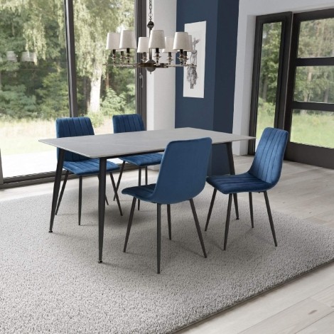 Monaco - Rectangle - 160cm/1.6m - Ceramic - Grey Granite Finish - Dining Table & 4 Lisbon - Upholstered - Blue Velvet Fabric - Dining Chair