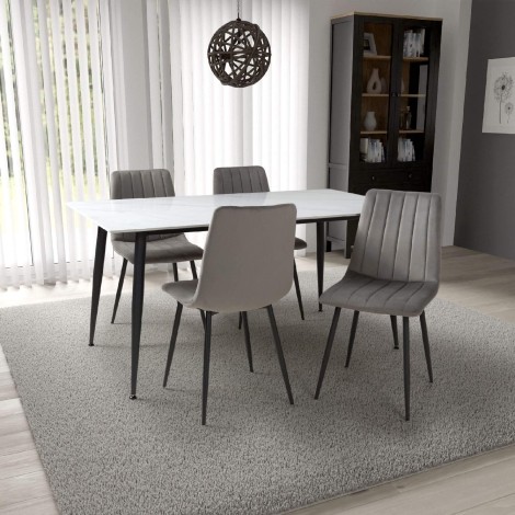 Monaco - Rectangle - 160cm/1.6m - Ceramic White - Marble Effect Finish - Dining Table & 4 Lisbon - Upholstered - Grey Velvet Fabric - Dining Chair