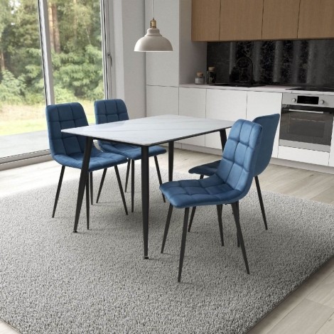 Monaco - Rectangle - 120cm/1.2m - Four Seater - White Ceramic - Marble Effect Finish - Dining Table & 4 Madison - Upholstered - Blue Velvet Fabric - Dining Chair