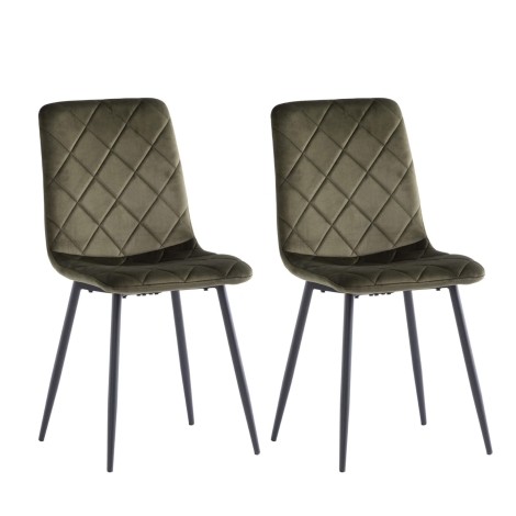 Pair Of - Bella Velvet Dining Chair - Jupiner Green  - Cross Stitch Detail - Black Powder Coated Legs