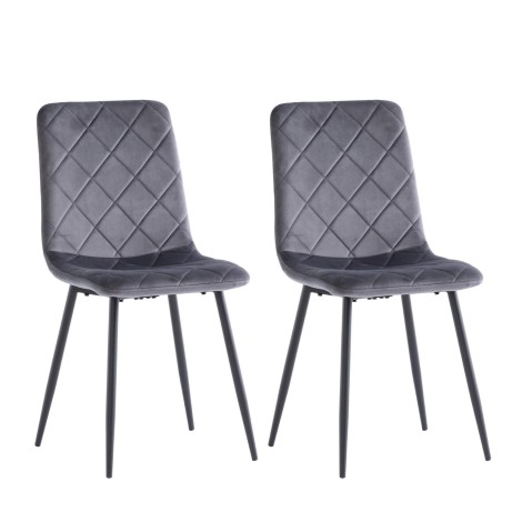 Pair Of - Bella Velvet Dining Chair - Grey  - Cross Stitch Detail - Black Powder Coated Legs