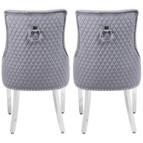 Pair Of -  Chelsea -  Round Ring Knocker - Quilted Back - Grey Velvet - Dining Chairs With Chrome Legs 