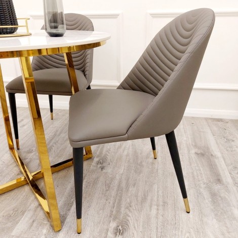 Pair Of Alba - Khaki - Ribbed Back - Faux Leather - Dining Chairs With Black and Gold Legs