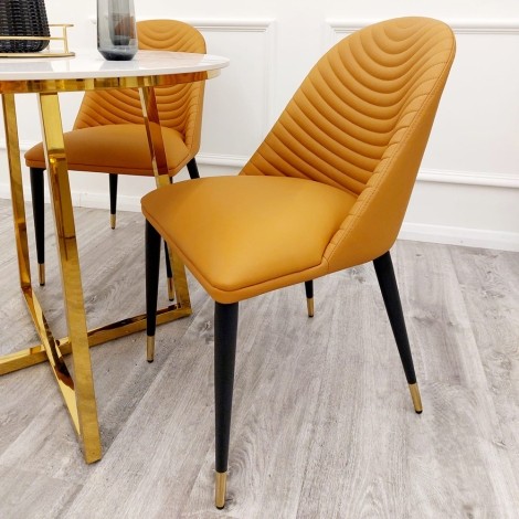 Pair Of Alba - Tan - Ribbed Back - Faux Leather - Dining Chairs With Black and Gold Legs