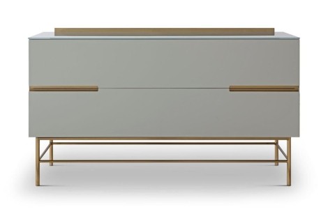 Alberto - Two Drawer Glass Top Low Sideboard - Grey Lacquered Paint & Brass Accent Sideboard With Drawers