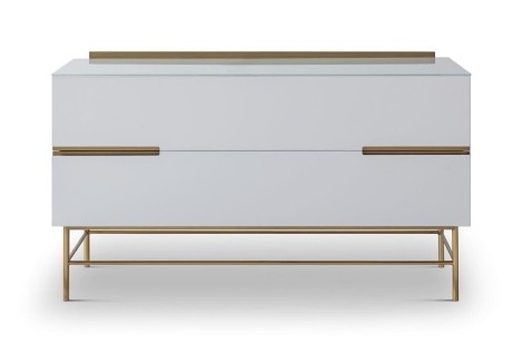 Alberto - Two Drawer Glass Top Low Sideboard - White Lacquered Paint & Brass Accent Sideboard With Drawers