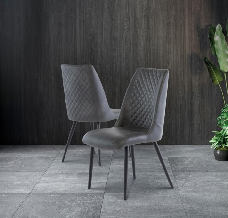 Pair Of - Amber Dining Chair - Grey PU - Stitch Detail - Black Powder Coated Legs