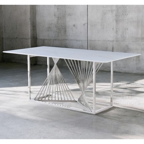 Amelia White Ceramic 1.8m Dining Table Silver Geometric Base