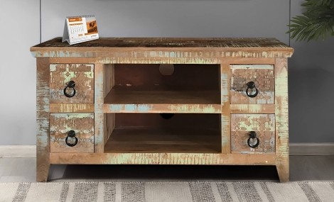 Aravali - Brown - Mango Wood - Plasma TV Unit / Media Unit - Open Shelf With 4 Drawers