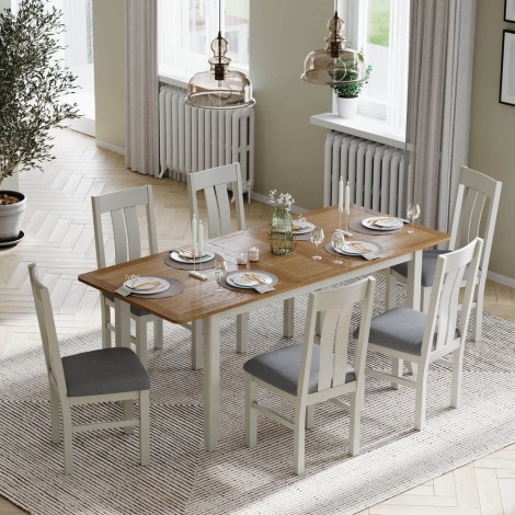 Arlena - Oak Top Large 160cm to 200cm/1.6m to 2.0m Extending Dining Table and 6 Upholstered Seat Pad Dining Chair - Grey Painted Finish