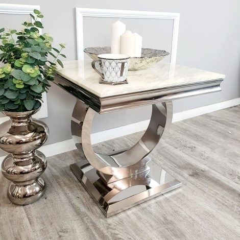 Arriana - White - Lamp Table - Marble Top - Polished Stainless Steel Circular Base