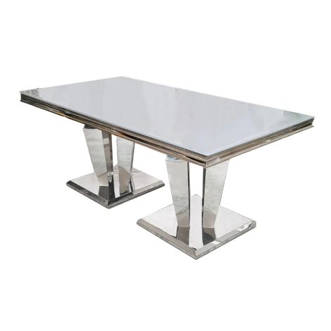 Athena - Grey - 180cm/1.8m - Rectangular - Dining Table - Glass Top - Double Mirror Pedestal Base