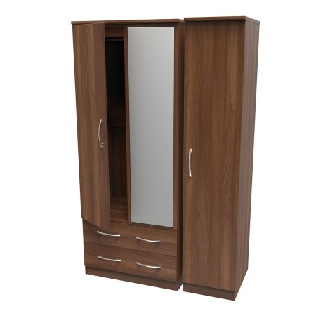 Avon - 3 Door 2 Drawer - Triple - Mirrored Wardrobe - Noche Walnut Finish