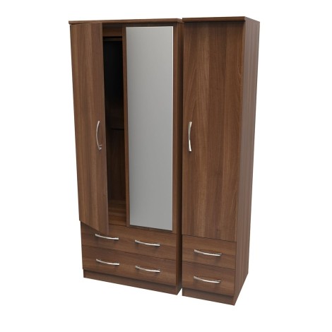 Avon - 3 Door 4 Drawer - Triple - Mirrored Wardrobe - Noche Walnut Finish