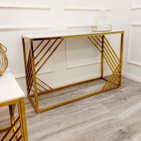 Azure Polar White Sintered Stone Console Table Gold Legs