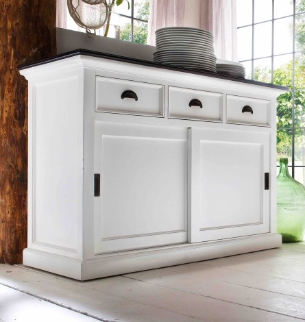 Halifax Contrast - Pure White Painted - With Black Top - Sliding Door Sideboard