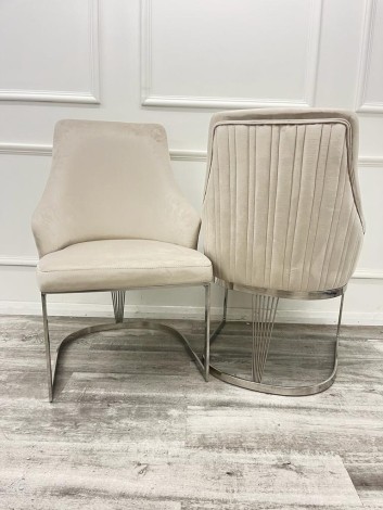 Pair Of Chelmsford - Cream Velvet - Vertical Ribbed Stitch Back - Dining Chairs - Silver Metal Base