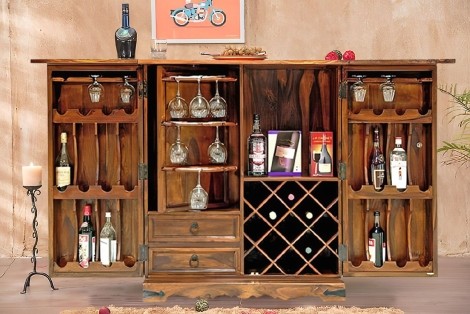 Ganga - Sheesham Wood - Brown - Large - Wooden Bar - Wine Cabinet