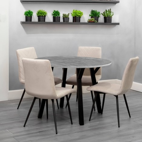 Round - 1.1m/110cm - Grey Concrete Effect Top - Dining Table & 4 x Upholstered - Retro Style - Taupe Velvet - Dining Chair