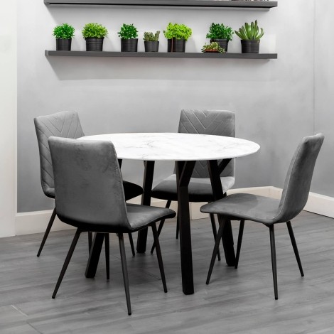 Round - 1.1m/110cm - White Marble Effect Top - Dining Table & 4 x Upholstered - Retro Style - Grey Velvet - Dining Chair