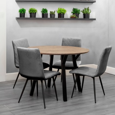 Round - 1.1m/110cm - Natural Oak Effect Top - Dining Table & 4 x Upholstered - Retro Style - Grey Velvet - Dining Chair