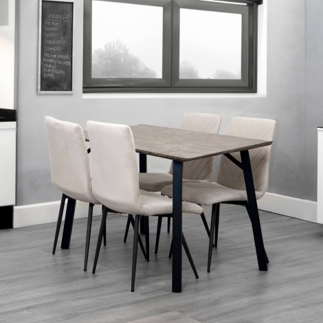 Rectangular - 1.2m/120cm - Grey Concrete Top - Dining Table & 4 x Upholstered - Retro Style - Taupe Velvet - Dining Chair