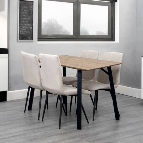 Rectangular - 1.2m/120cm - Natural Oak Effect Top - Dining Table & 4 x Upholstered - Retro Style - Taupe Velvet - Dining Chair