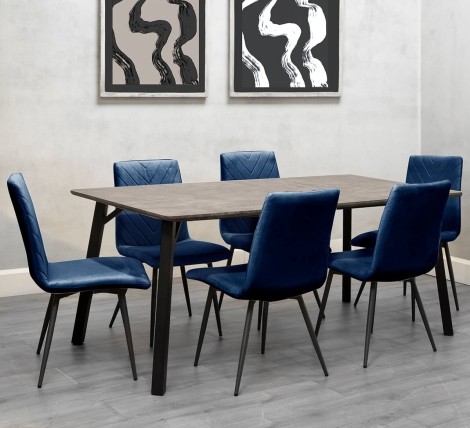 Large Rectangular - 1.8m/180cm - Grey Concrete Top - Dining Table & 6 x Upholstered - Retro Style - Blue Velvet - Dining Chair