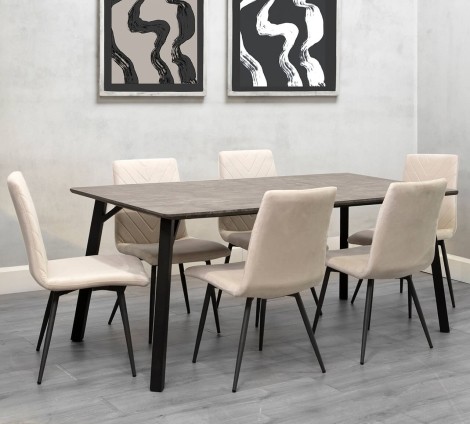 Large Rectangular - 1.8m/180cm - Grey Concrete Top - Dining Table & 6 x Upholstered - Retro Style - Taupe Velvet - Dining Chair