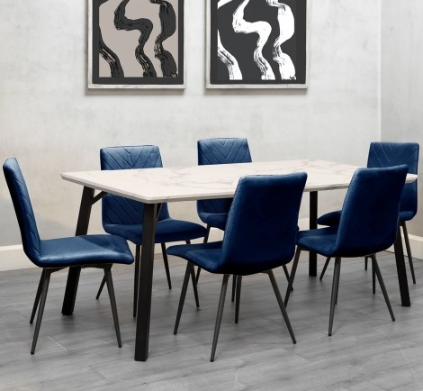 Large Rectangular - 1.8m/180cm - White Marble Effect Top - Dining Table & 6 x Upholstered - Retro Style - Blue Velvet - Dining Chair