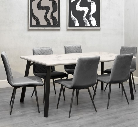 Large Rectangular - 1.8m/180cm - White Marble Effect Top - Dining Table & 6 x Upholstered - Retro Style - Grey Velvet - Dining Chair