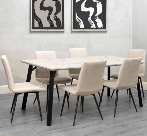 Large Rectangular - 1.8m/180cm - White Marble Effect Top - Dining Table & 6 x Upholstered - Retro Style - Taupe Velvet - Dining Chair