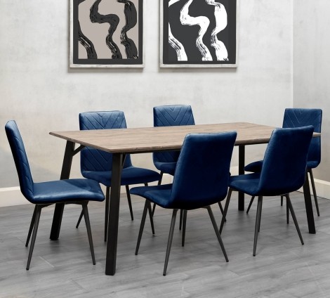 Large Rectangular - 1.8m/180cm - Oak Finish Top - Dining Table & 6 x Upholstered - Retro Style - Blue Velvet - Dining Chair