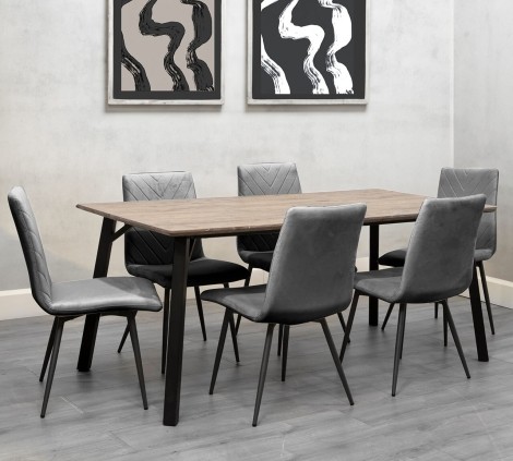 Large Rectangular - 1.8m/180cm - Oak Finish Top - Dining Table & 6 x Upholstered - Retro Style - Grey Velvet - Dining Chair