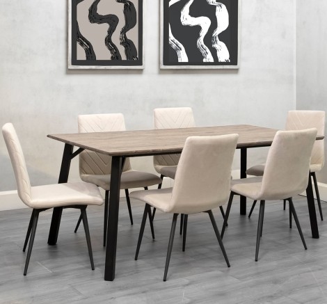 Large Rectangular - 1.8m/180cm - Natural Oak Effect Top - Dining Table & 6 x Upholstered - Retro Style - Taupe Velvet - Dining Chair