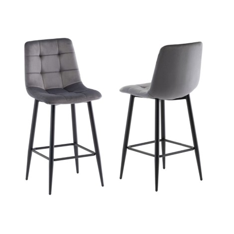 Pair Of - Bella Bar Stool - Grey Velvet Fabric - Cross Stitch - Black Powder Coated Legs