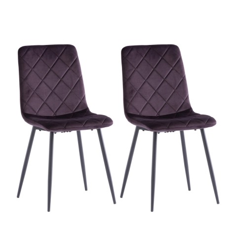 Pair Of - Bella Velvet Dining Chair - Aubergine Purple  - Cross Stitch Detail - Black Powder Coated Legs
