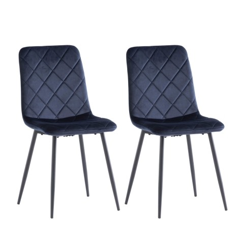 Pair Of - Bella Velvet Dining Chair - Deep Blue  - Cross Stitch Detail - Black Powder Coated Legs