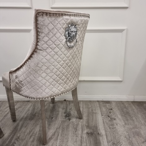 Pair Of Bentley - Beige Velvet- Lion head Knocker - Quilted Back - Dining Chairs With Chrome Legs