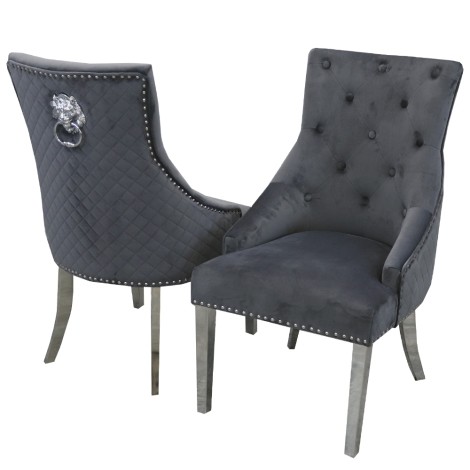 Pair Of - Bentley - Dark Grey Velvet - Lion head Knocker - Quilted Back - Dining Chairs With Chrome Legs